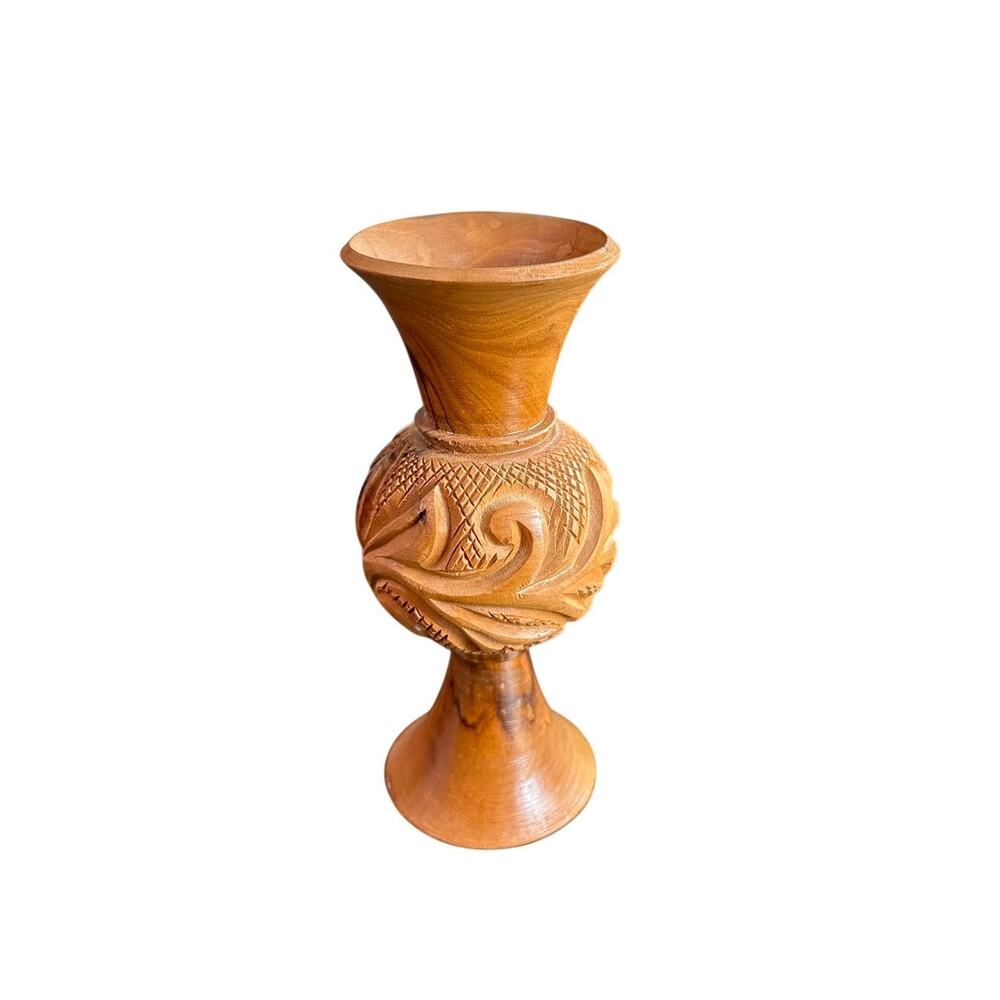 Vintage Mini Wood Carved Decor Florals Medium Brown Bud Vase- 5.5" Neutral Boho